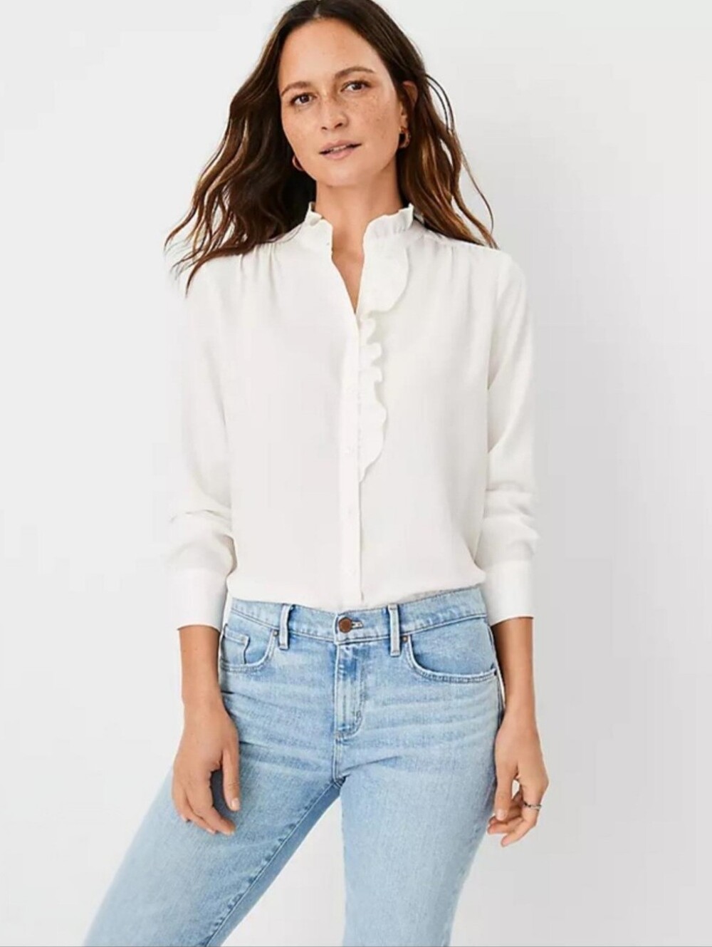 Ann Taylor Petite Ruffle Trim Button Top MP Winter White Cream High Neck Blouse